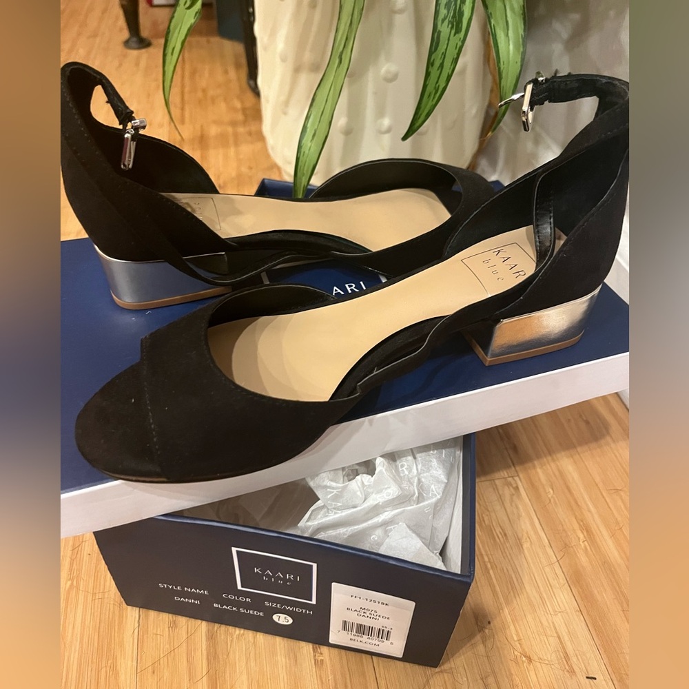Black suede short heel ankle strap shoes